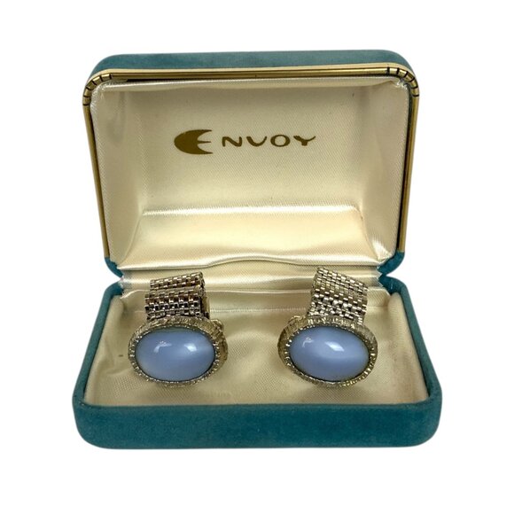 Vintage Envoy Blue Stone Cufflinks With Box Mens Jewelry Accessory - Picture 1 of 4